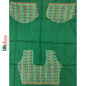 Indiva Green Kantha Blouse Fabric with Colorful Embroidery