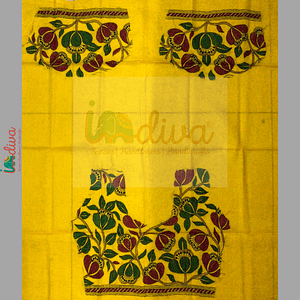 Indiva Yellow Kantha Embroidered Blouse Fabric with Pink & Green Motifs
