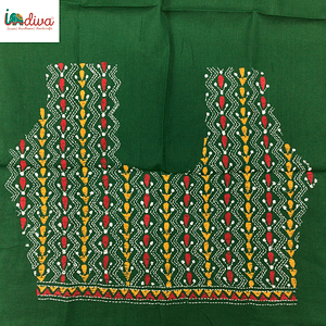 Indiva Green Kantha Blouse Fabric with Colorful Embroidery-Back