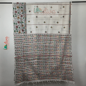 Indiva Off-White Handloom Khesh Kantha Embroidered Saree